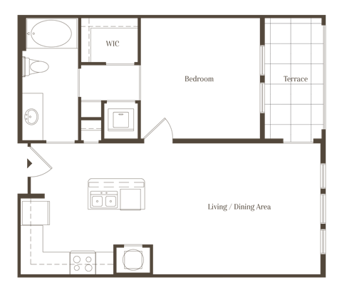 Floor plan for 1 bed, 1 bath, 708 sqft